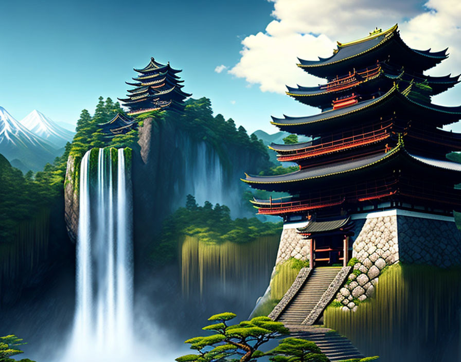 Traditional pagodas on cliff with waterfall and lush greenery