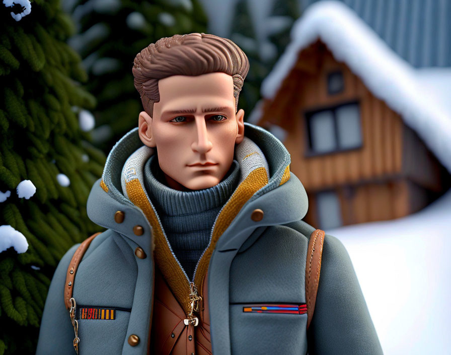 Male Figure in Winter Coat with Scarf in Snowy 3D Rendering