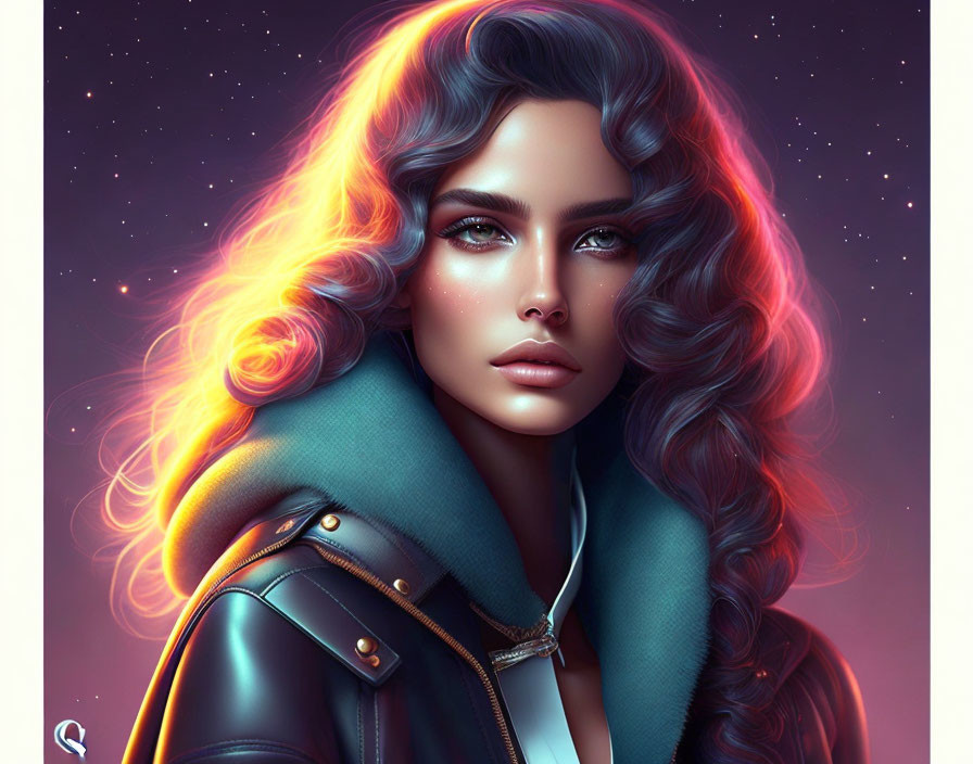 Vibrant woman with blue and pink glowing hair in leather jacket on cosmic background