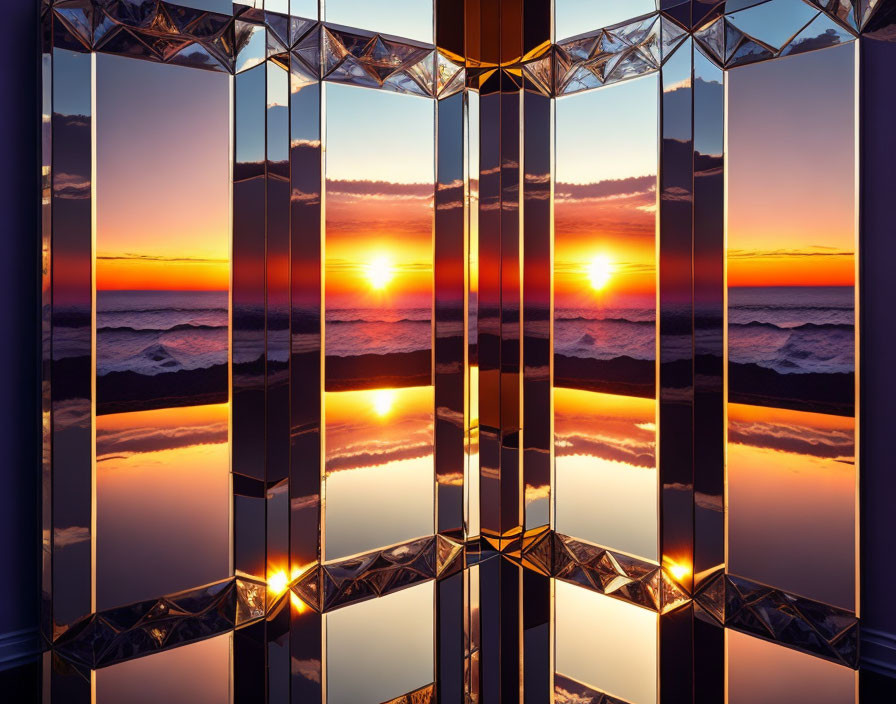 Colorful Sunset Beach Scene with Geometric Mirror Reflections