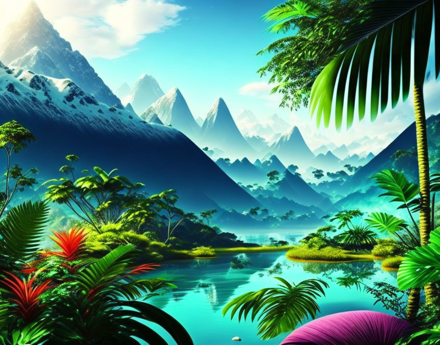 Lush Tropical Landscape with Colorful Plants and Mountains