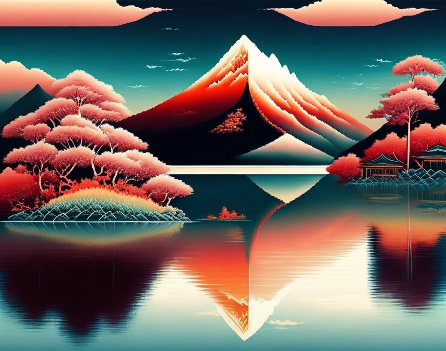Symmetrical volcanic mountain reflected in water with pink trees and traditional structure