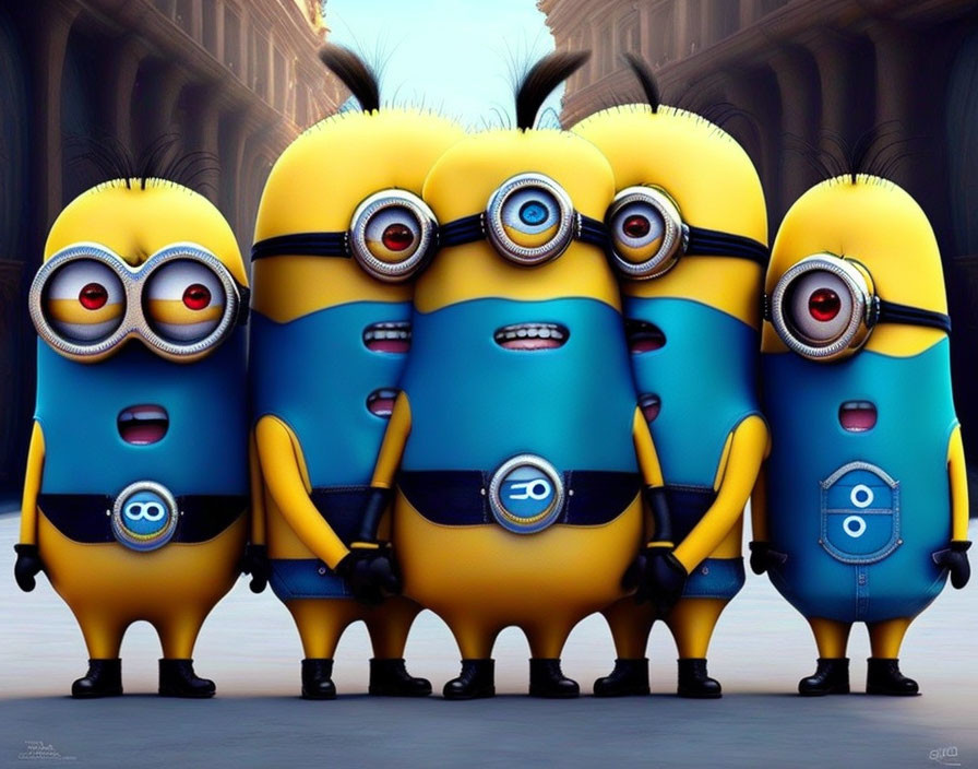 Five Minions of different heights and goggle styles standing together with expressive faces against a building background
