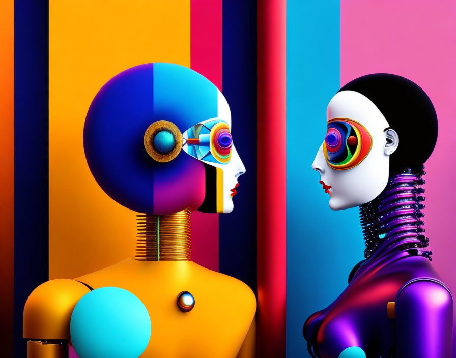 Colorful concentric circle designs on faces of humanoid robots against vibrant striped background