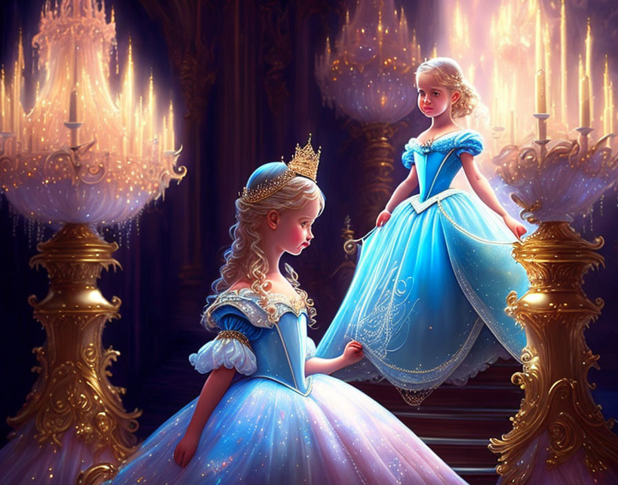 Young Princess in Blue Gown Reflecting in Grand Hall