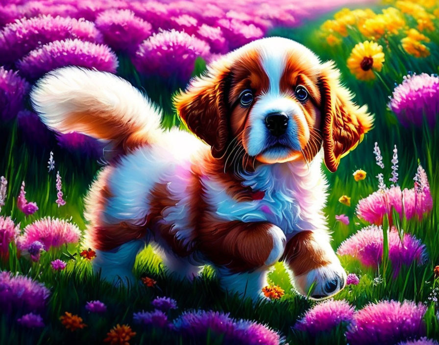 Adorable Puppy in Colorful Flower Field with Pink, Purple, and Yellow Blooms