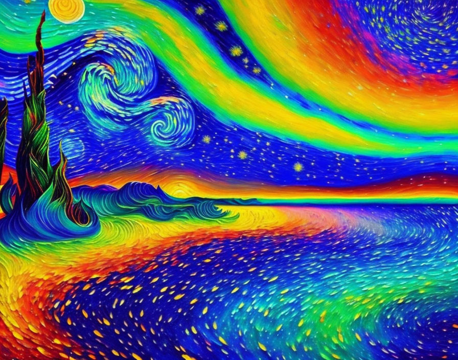 Colorful interpretation of swirling, vibrant "Starry Night" with blue, green, and orange hues