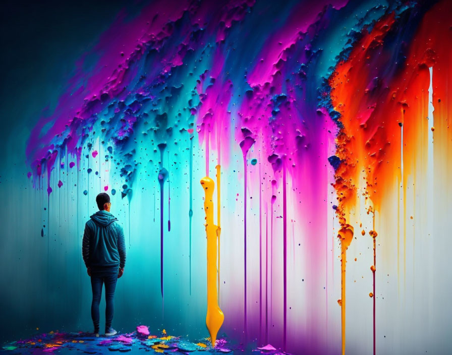 Colorful paint splashes on vibrant wall create dynamic rainbow effect