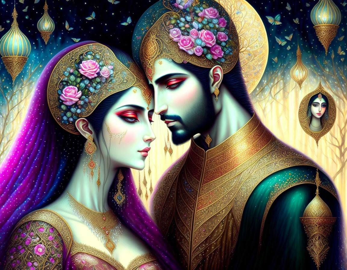 Illustrated Couple in Ornate Attire on Regal Background