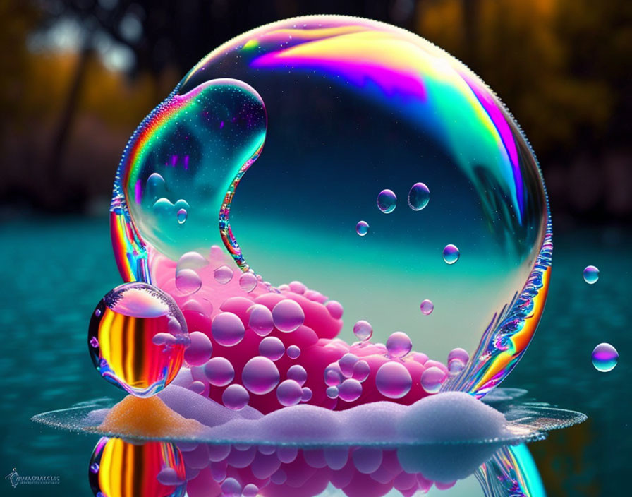 Colorful Soap Bubble Reflecting Light and Floating Bubbles on Foam Surface
