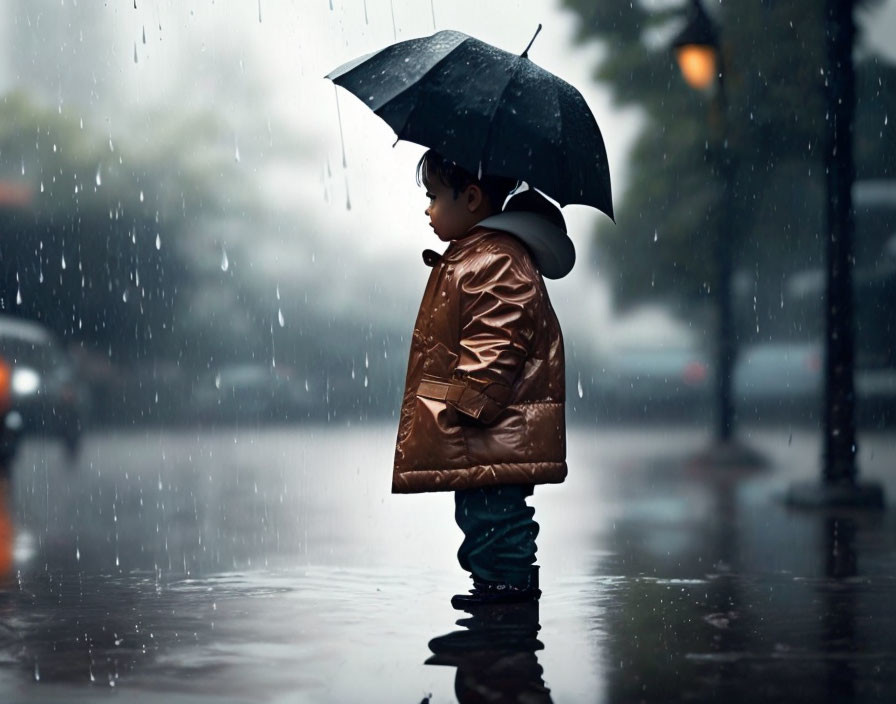 Child in Brown Jacket Holding Umbrella on Rainy Street