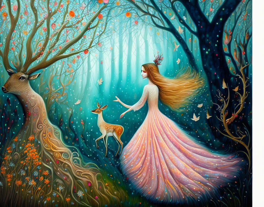 Enchanted forest painting with woman, deer, fawn, and butterflies