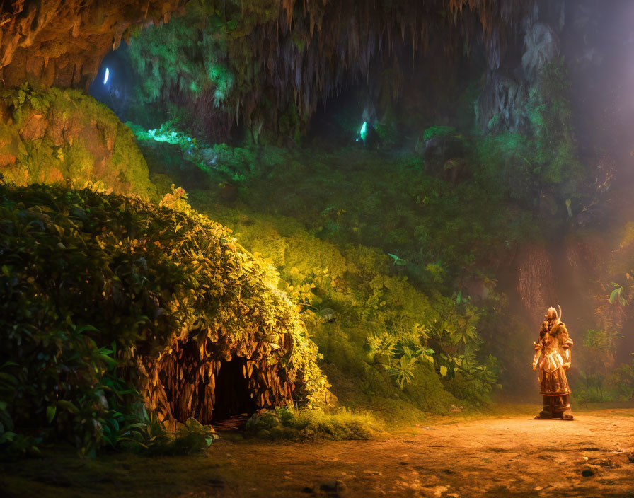 Mystical figure in lush cave with soft glow and greenery