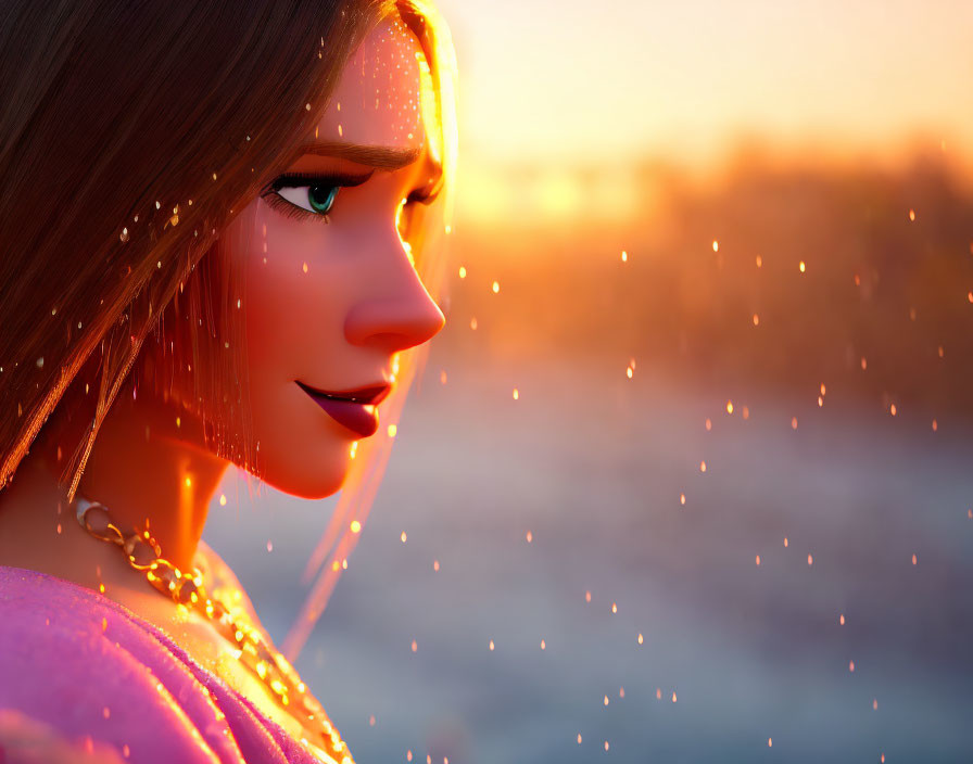 Digital artwork: Woman with auburn hair and green eyes in gold jewelry at sunset