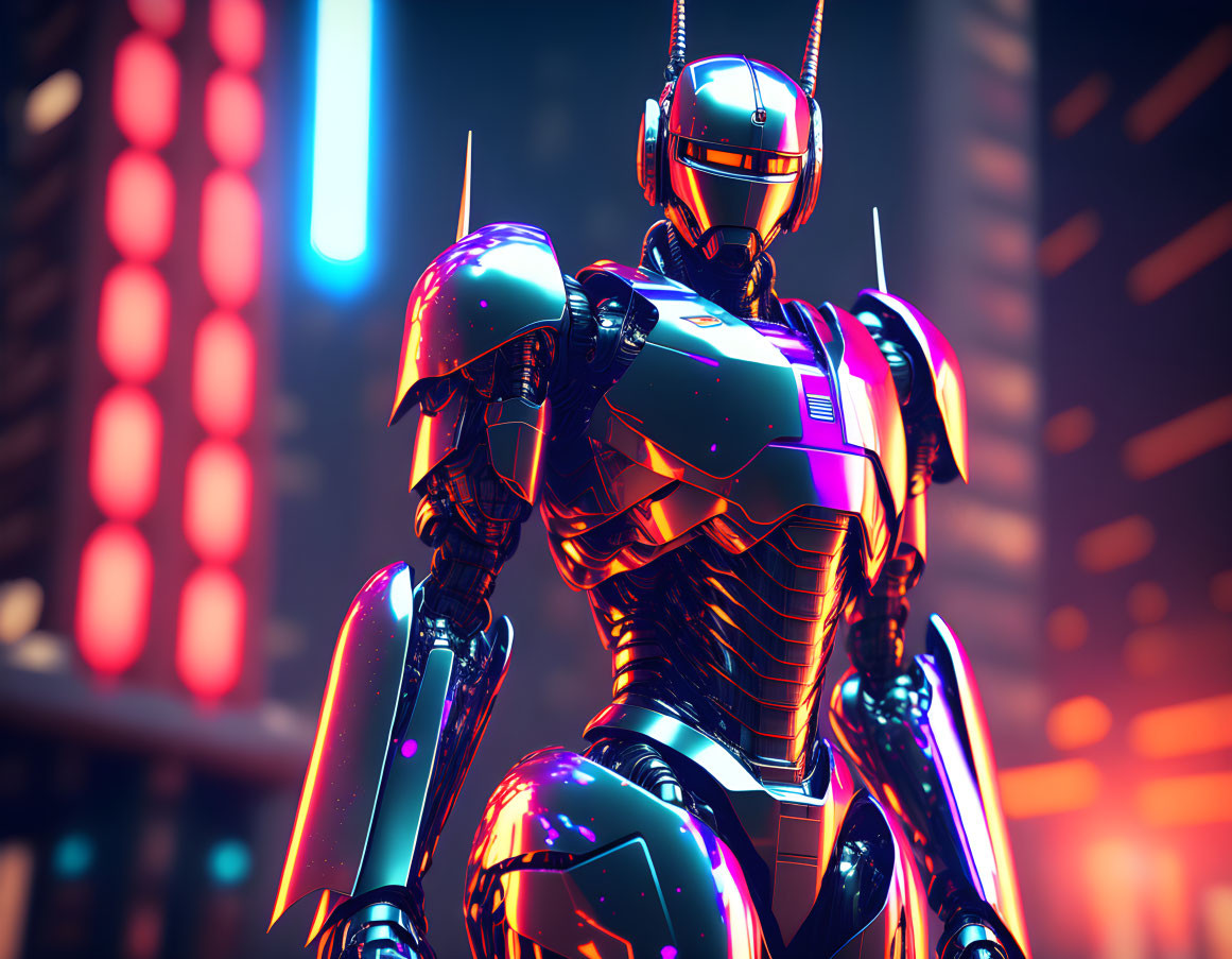 Sleek futuristic robot illuminated in neon lights against urban backdrop