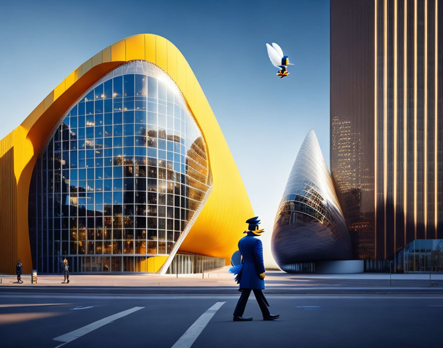 Person in Blue Suit Walking by Futuristic Buildings with Golden Curved Design and Bird with Book Wings in