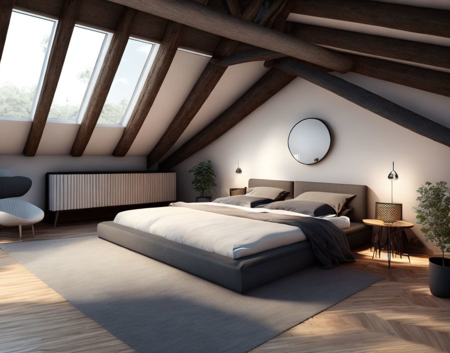 Minimalist attic bedroom with wooden beams, large bed, circular mirror, and skylight windows