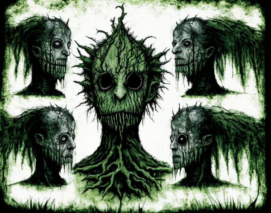 Four Ghastly Faces Surrounding Tree-Like Figure on Mottled Background