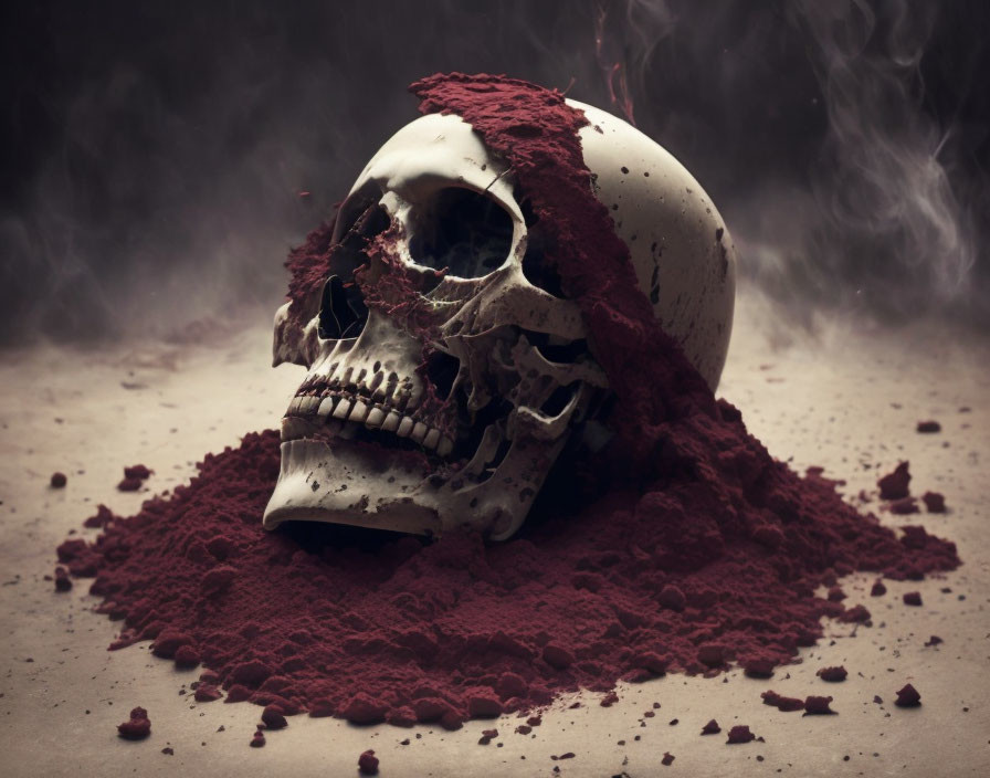 Human skull with red powder and smoke on dark background