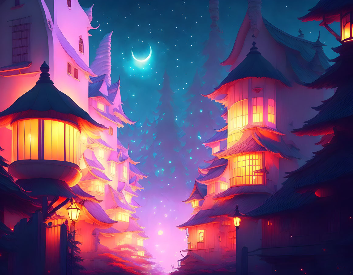 Traditional Asian-style buildings illuminated under starry sky with crescent moon