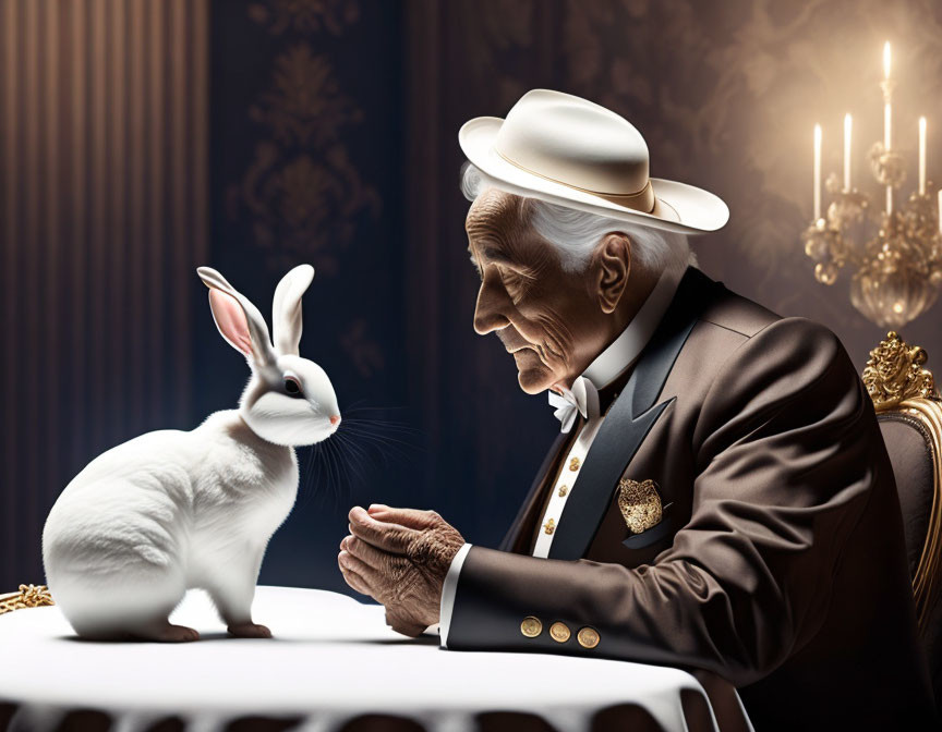 Elderly man in suit gazes at white rabbit on table in vintage room