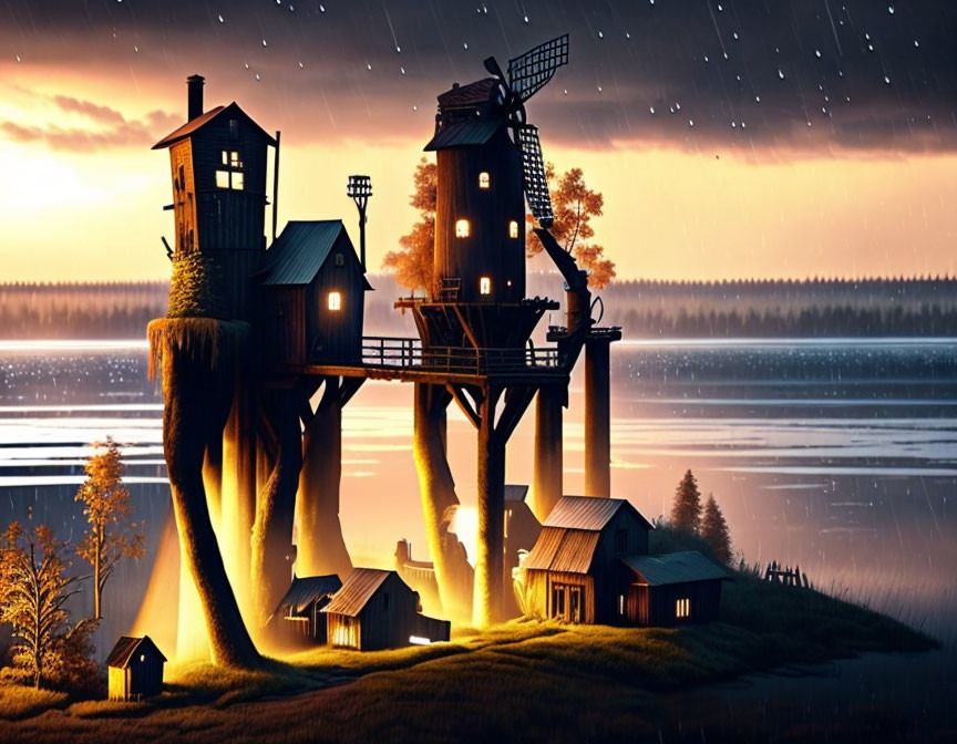 Whimsical Treehouses and Windmill in Twilight Rainy Scene