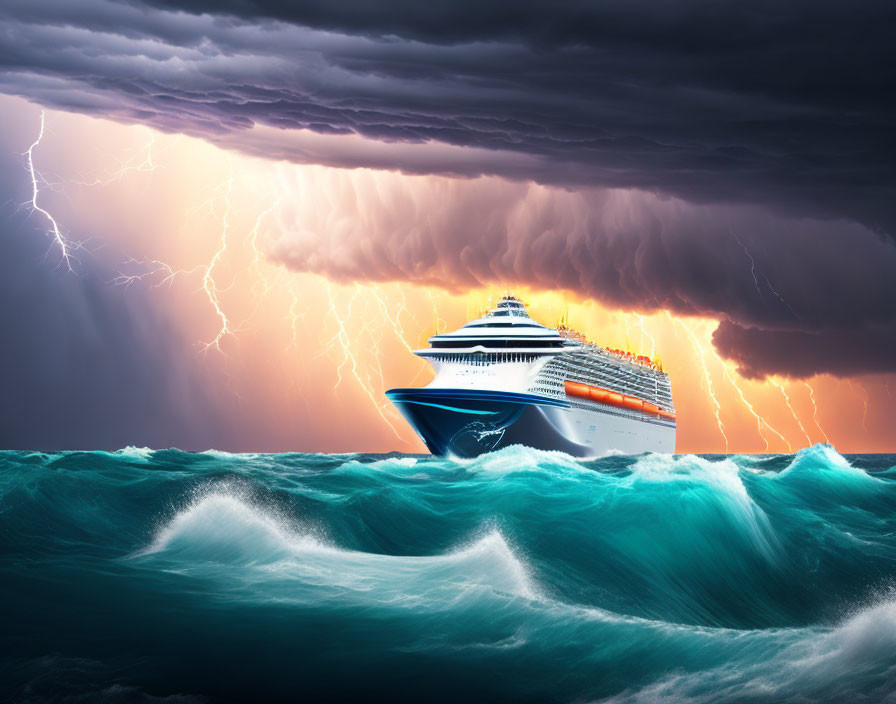 Cruise Ship in Stormy Sea with Lightning Sky