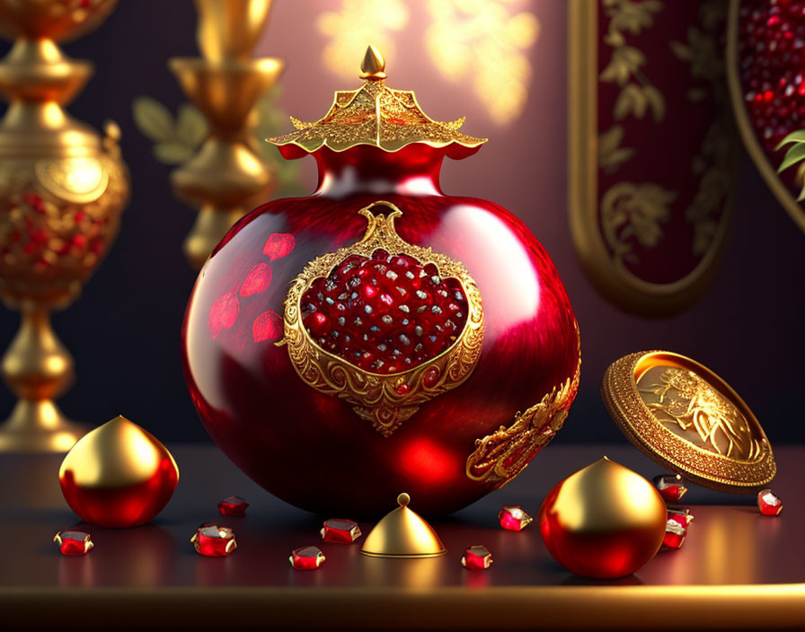 Opulent still life with pomegranate motif in red and gold palette