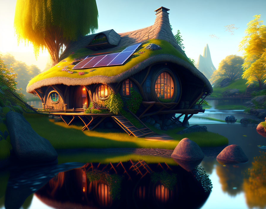 Thatched Roof Fantasy Cottage by Tranquil River at Sunset