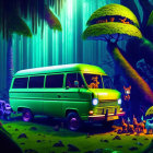 Girl by retro green van in magical forest with vibrant trees, glowing butterflies, and colorful flowers.