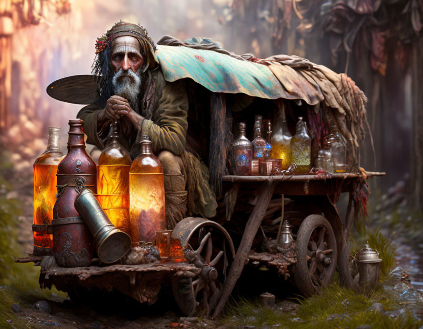 Elderly man with beard beside potion bottles in mystical forest