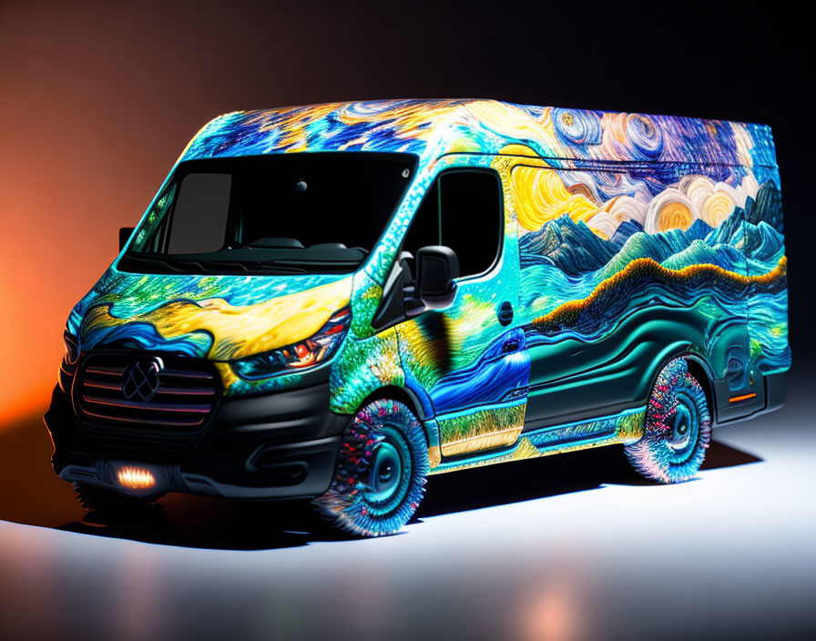 Vibrant "Starry Night" Design on Mercedes Van Against Orange Background
