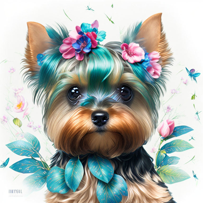 Illustration of Yorkshire Terrier with expressive eyes and blue flowers in fur