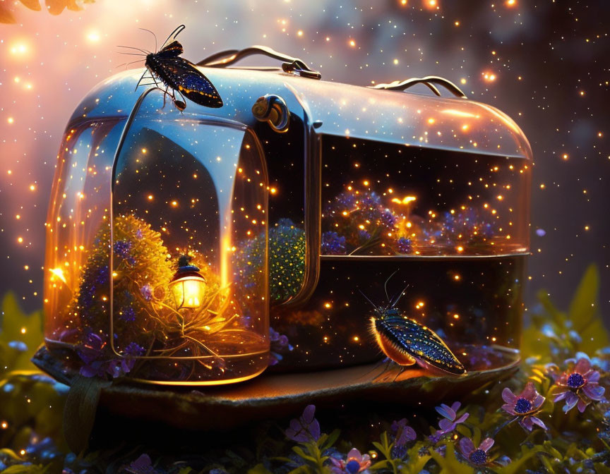 Beetle with lantern on toaster becomes mini galaxy with stars and flora