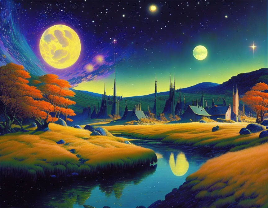 Fantasy landscape: Two moons, starry sky, orange tree, river, quaint houses, green