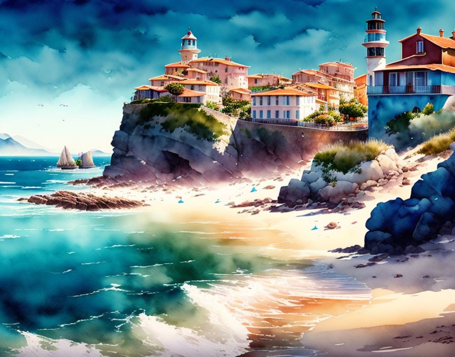 Scenic coastal village painting with lighthouses and sailboat