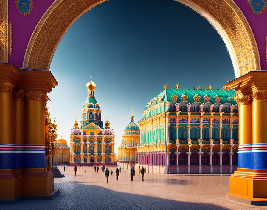 Colorful Cathedral and Ornate Building Framed by Archway at Sunset or Sunrise