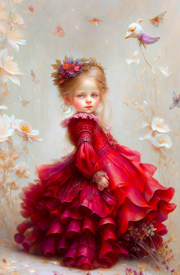 Young girl in red dress with butterflies, bird, and floral crown