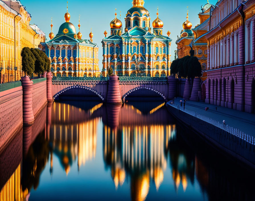 Grand ornate palace with blue and gold domes by canal at sunset