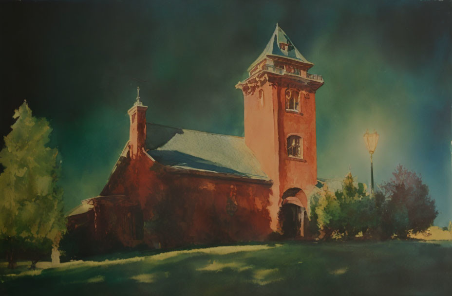 Castle-like building watercolor painting at dusk with glowing street lamp