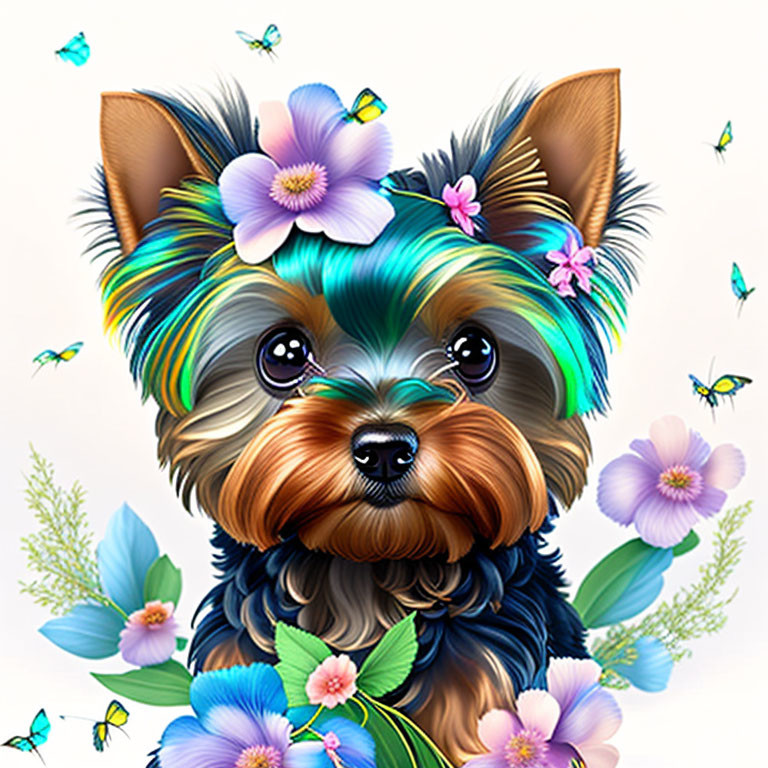 Yorkie surrounded by blue and purple flowers and butterflies on white background