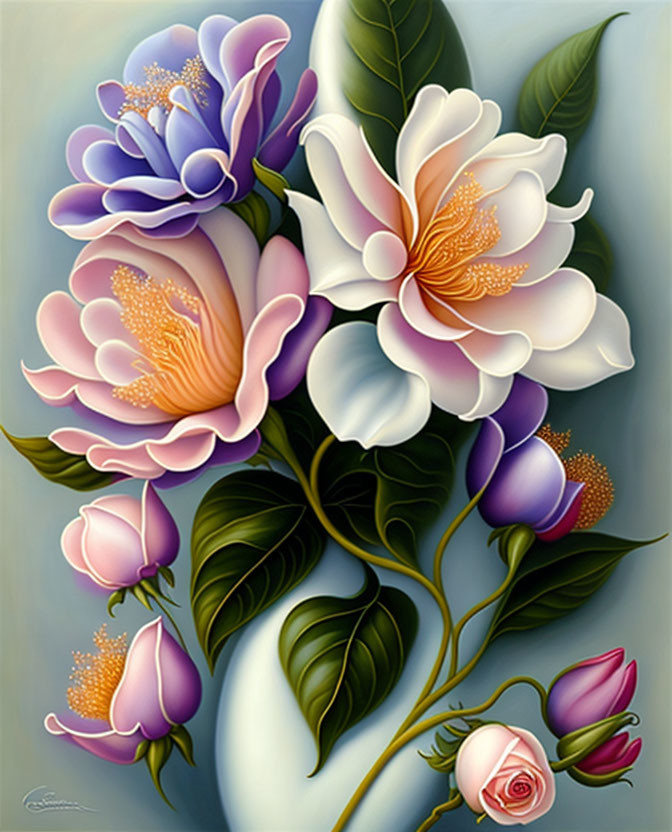 Colorful painting of blooming flowers with white and pink petals, orange stamens, and green