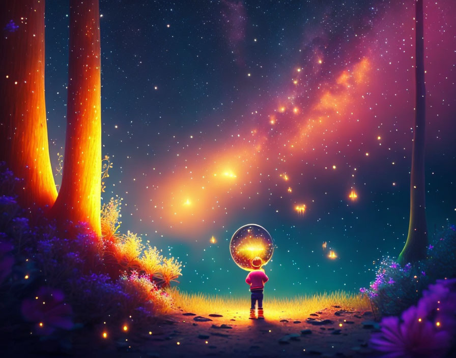 Child with glowing hoop in mystical forest under starry sky