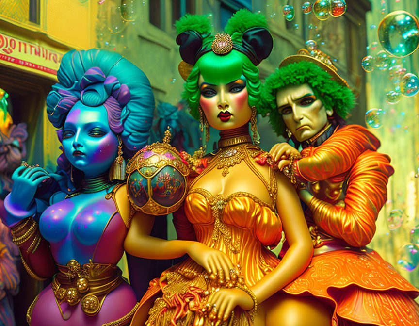 Colorful baroque characters with intricate hairstyles and bubbles.