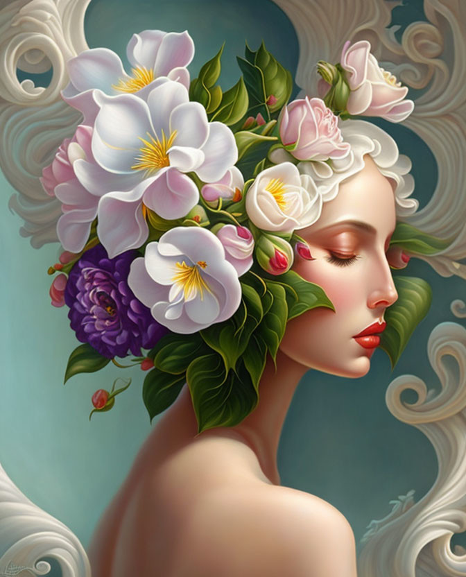 Portrait of Serene Woman with Lush Green Leaf Headdress and Vibrant Flowers
