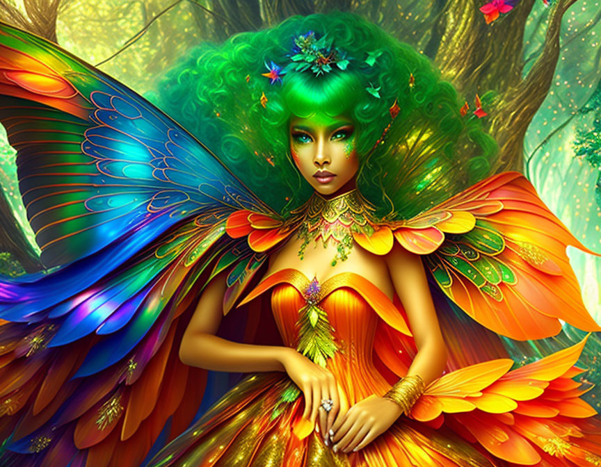 Fantasy being with green hair and orange wings in magical forest.