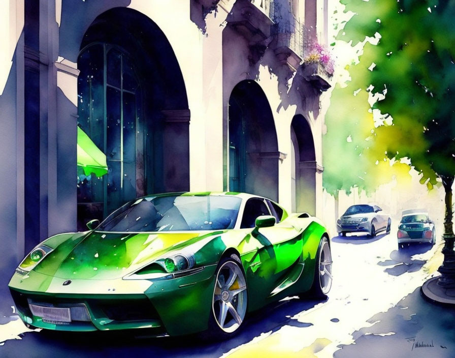 Vibrant watercolor of green sports car on sunny street