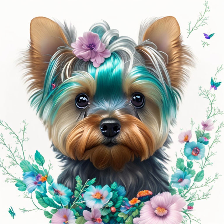 Detailed Yorkshire Terrier with flowers and butterflies illustration