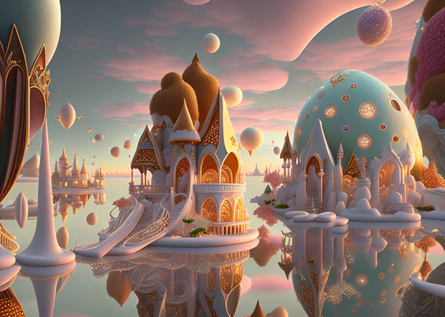 Surreal fantasy landscape with floating orbs and intricate castles