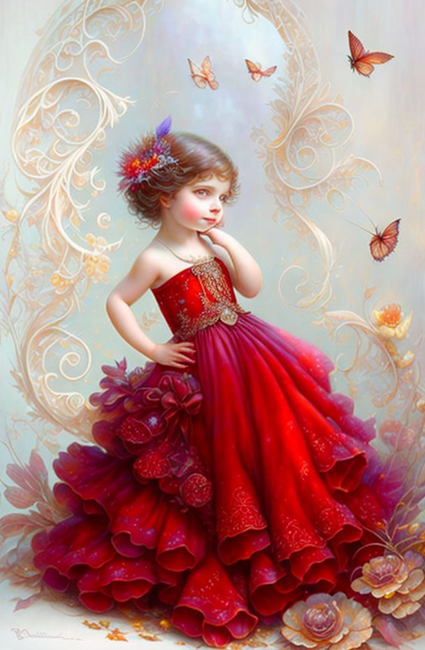 Young girl in red gown surrounded by butterflies on pastel background